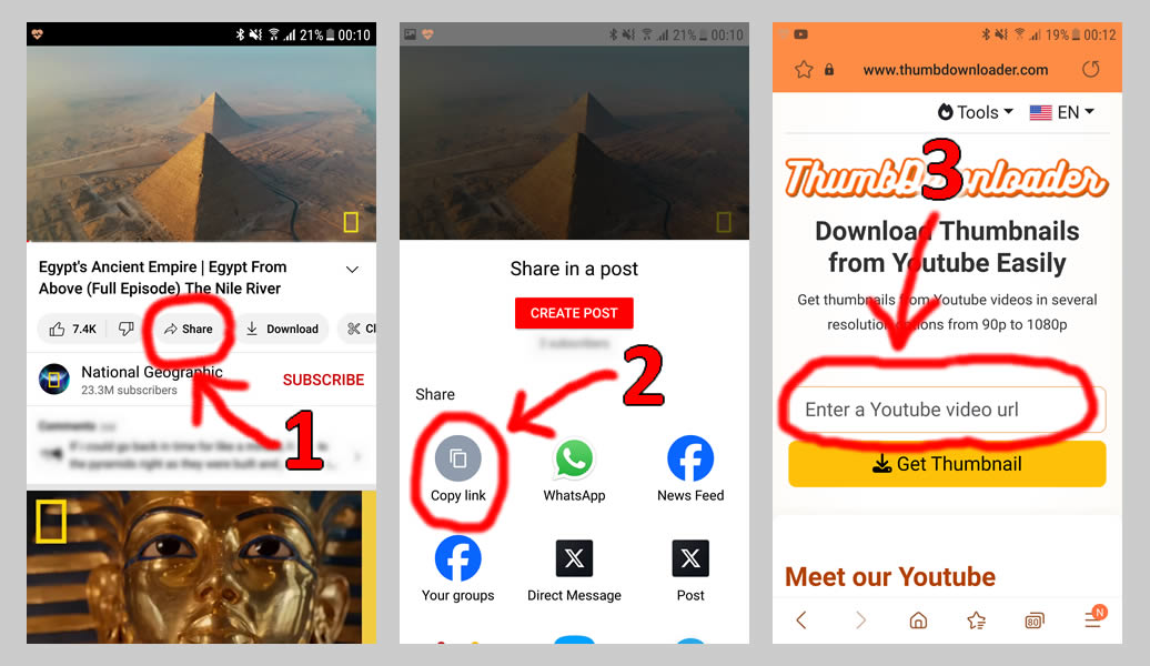 Screenshots showing how to download thumbnails from Youtube - for mobile devices Screenshots showing how to download thumbnails from Youtube - for mobile devices